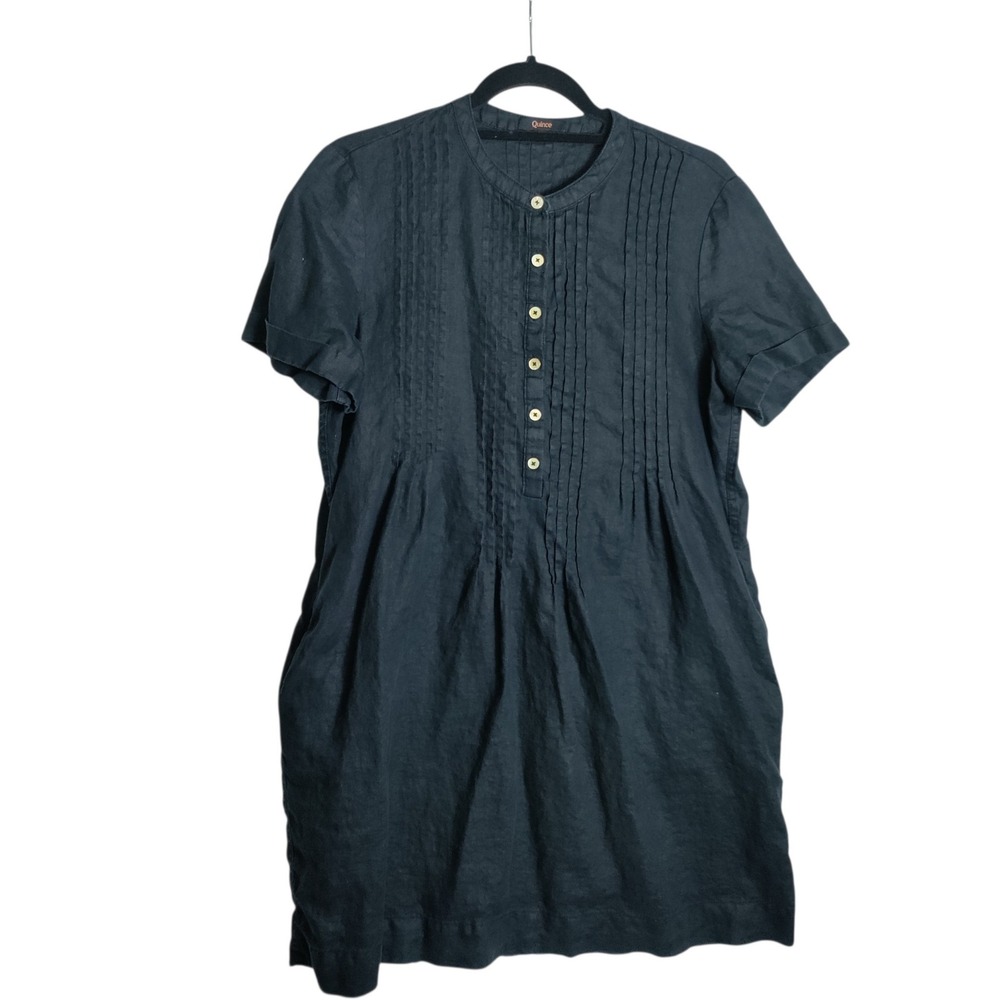 Quince Women Navy Blue 100% Linen Pintuck Pleated Short Sleeve Shift Dress M